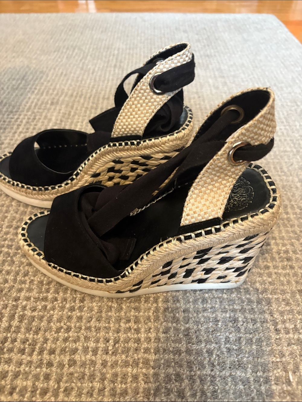 Vince Camuto- Black and Tan Woven Espadrille Wedge Sandals Ankle Ties size 6 1/2